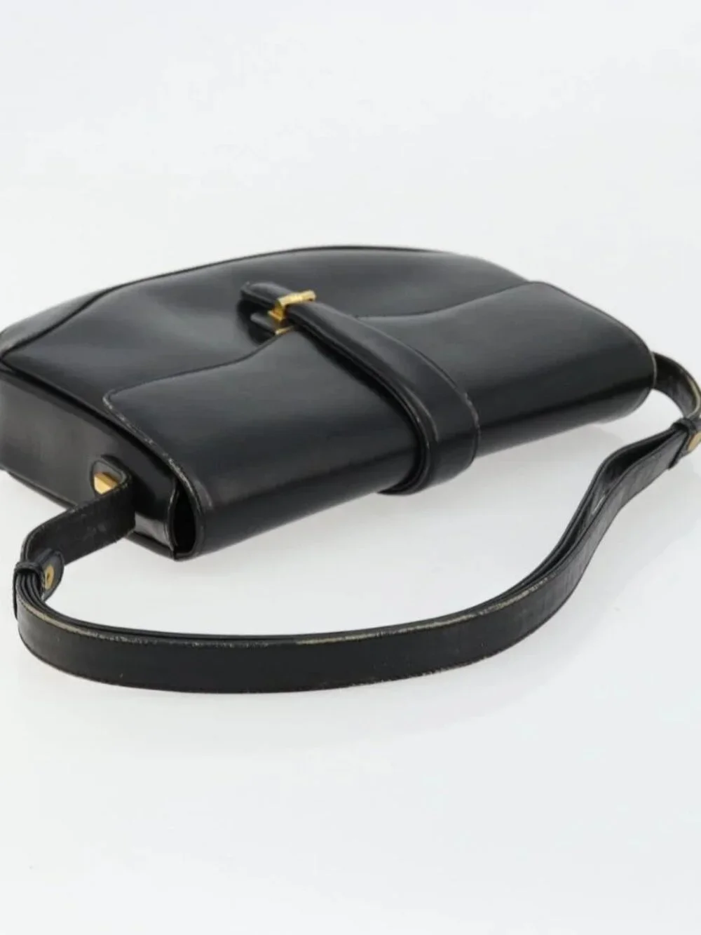 GUCCI Shoulder Bag Leather Black Gold Auth